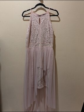 NWT Woman's  Lovely Grace High-Low Halter Dress Blush Pink Lace W/ Sequins Large